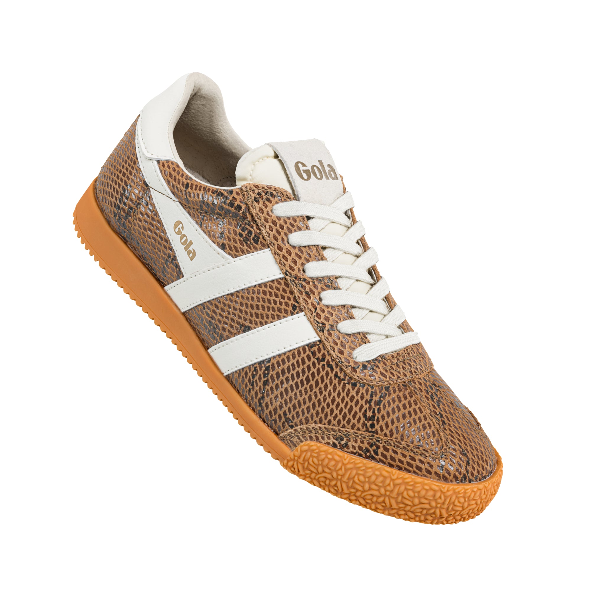 Brown snake print Gola trainer with white stripes and gum sole