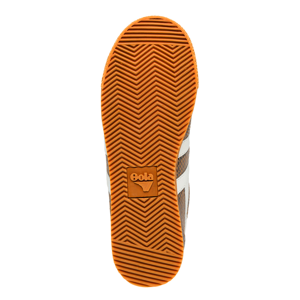 Brown rubber trainer sole with herringbone tread pattern and Gola logo