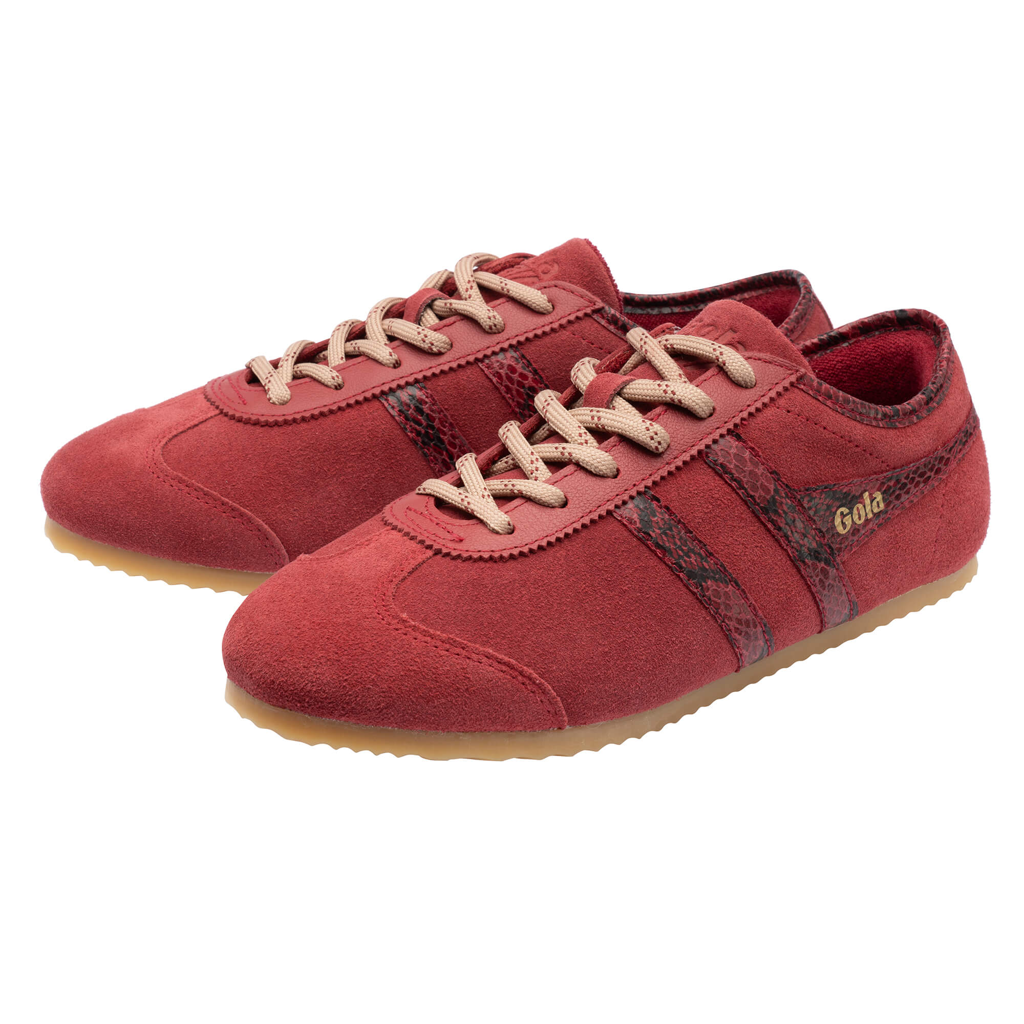 Pair of Gola Harrier trainers in red suede with snakeskin-effect wingflash and off-white laces