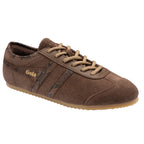 Brown suede Gola trainer with snakeskin detail and beige laces