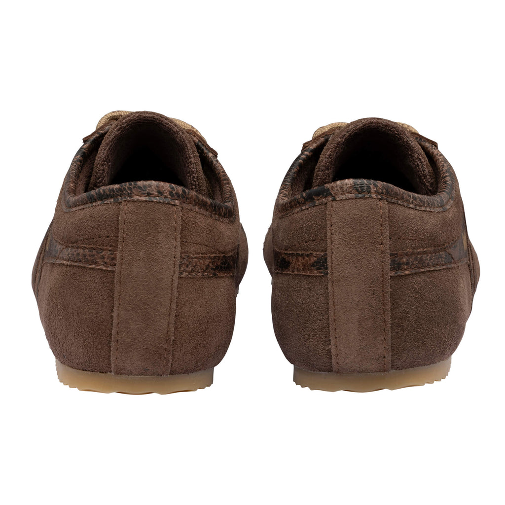 Pair of brown suede shoes, rear view