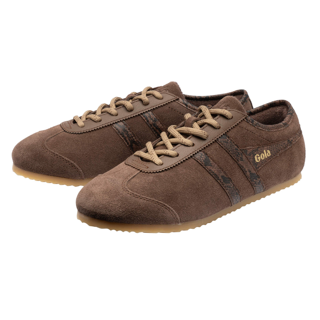 Pair of Gola Harrier trainers in brown suede with snakeskin print stripes and beige laces