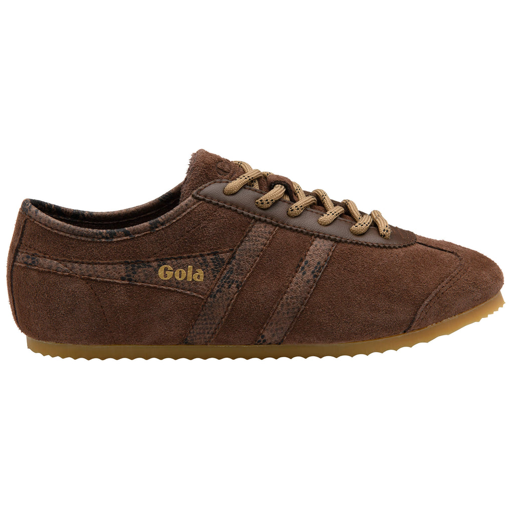 Brown suede Gola trainer with snakeskin-effect stripes and laces