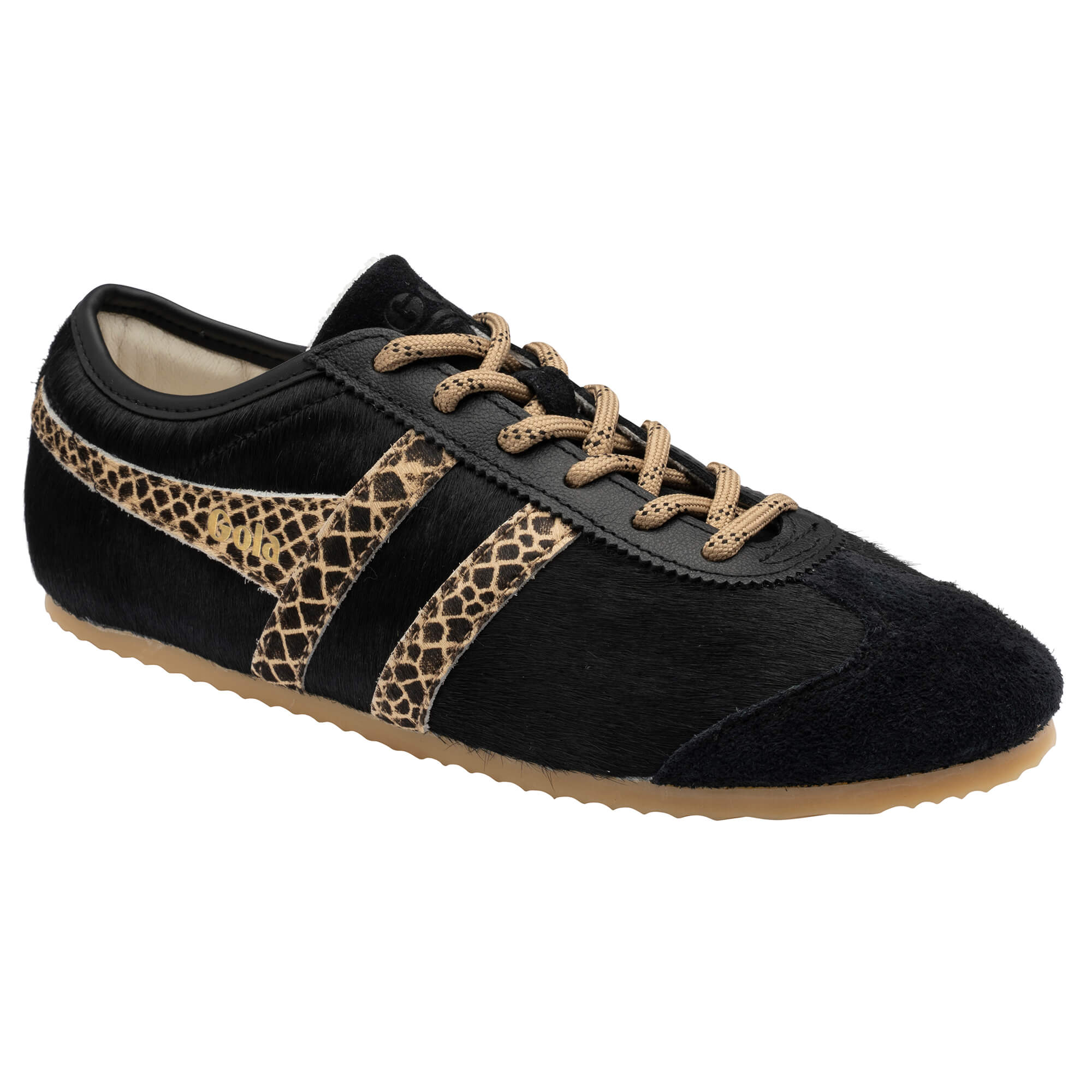 Black Gola trainer with faux animal print stripes and tan laces