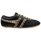 Black Gola trainer with leopard print side stripes and tan laces
