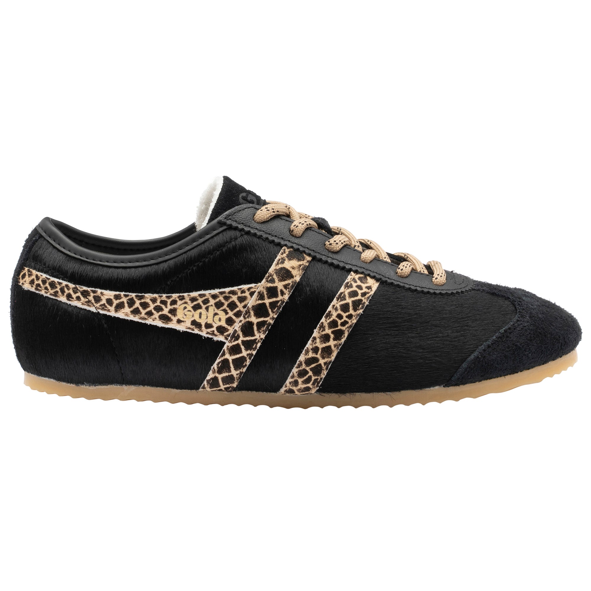 Black Gola trainer with leopard print side stripes and tan laces