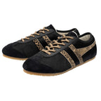 Black Gola Harrier trainers with tan snakeskin print stripes and laces