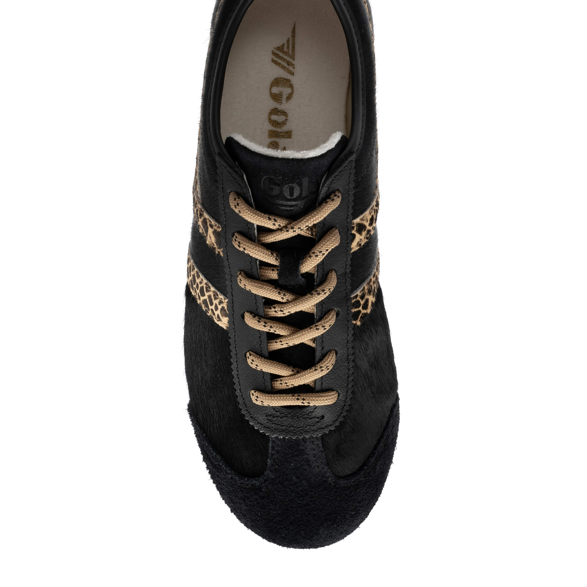 Black Gola Harrier trainers with leopard print side stripes and beige laces