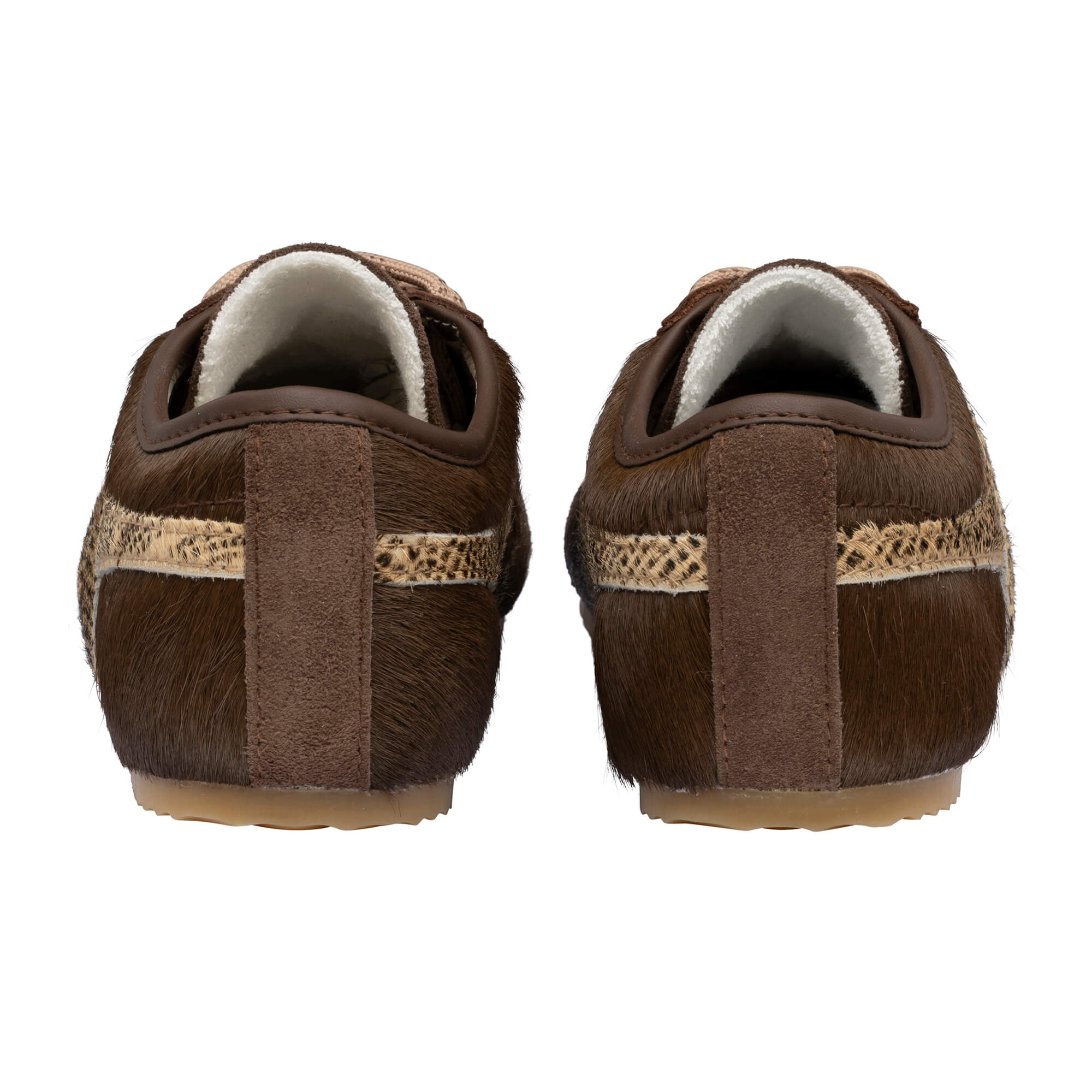 Pair of brown pony hair trainers with leopard print detail, rear view