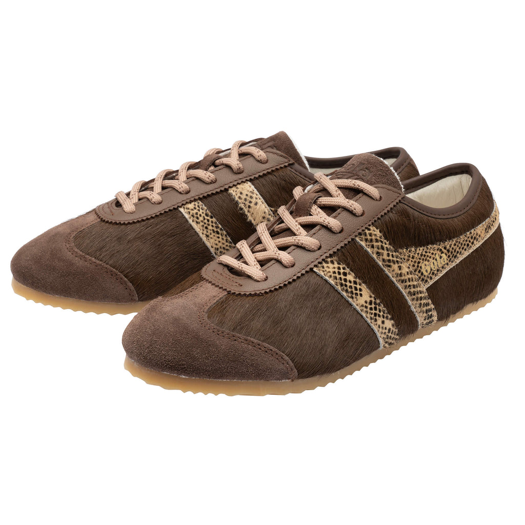 Pair of brown Gola Harrier trainers with snakeskin print stripes