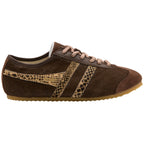 Brown Gola Harrier trainer with leopard print stripes and pink laces