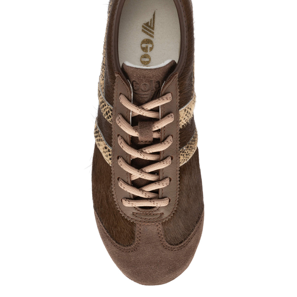 Brown Gola trainer with leopard print stripes and beige laces