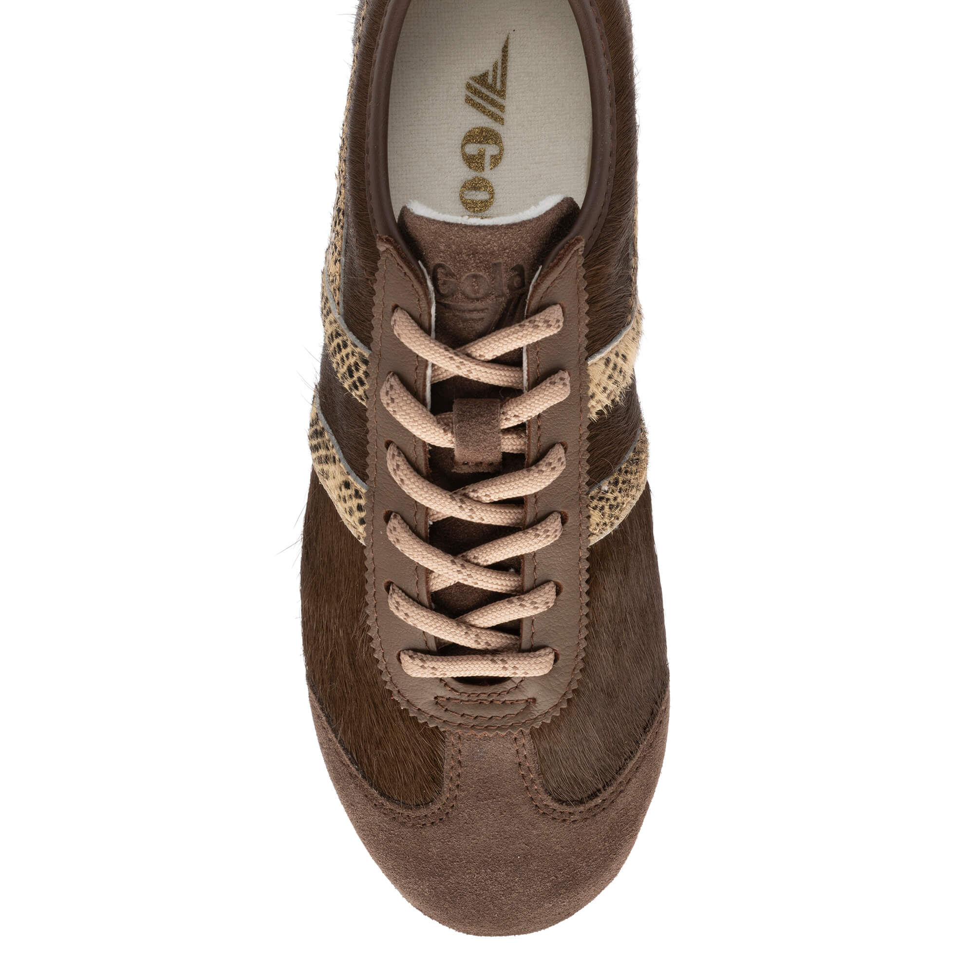 Brown Gola trainer with leopard print stripes and beige laces