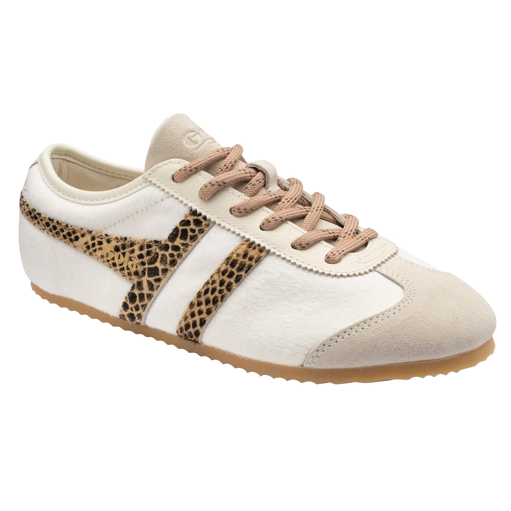 White trainer with leopard print stripes and beige laces