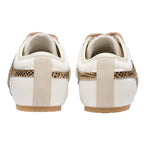 Rear view of two white trainers with leopard print trim and beige suede details