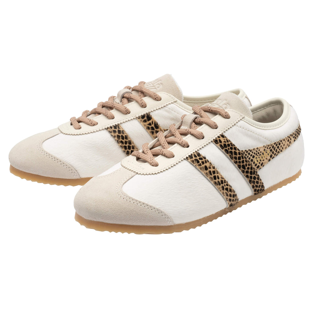 Pair of Gola Harrier trainers in off-white with leopard print side stripes and beige laces