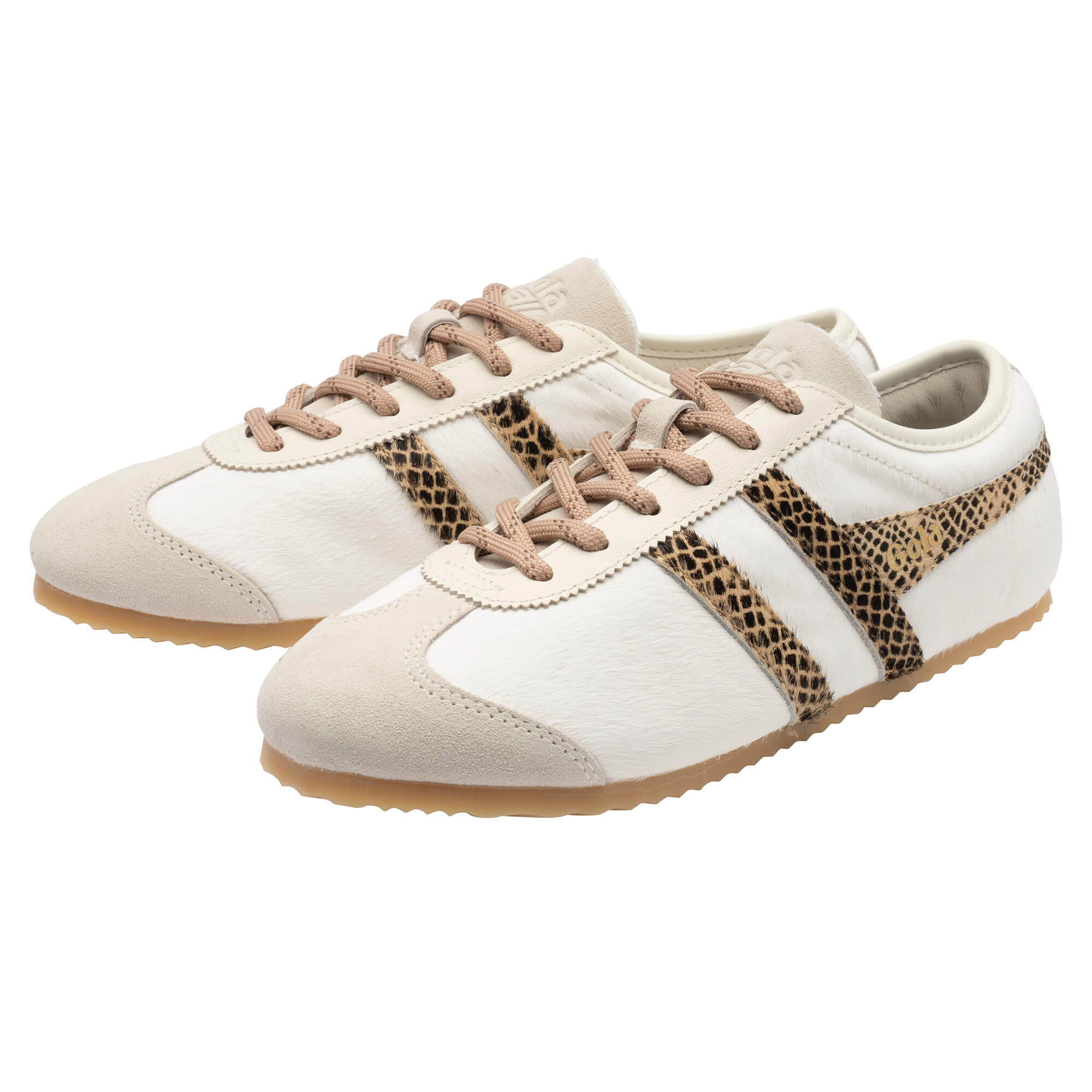 Pair of Gola Harrier trainers in off-white with leopard print side stripes and beige laces