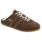 Brown Gola trainer mule with white laces and a white faux fur lining