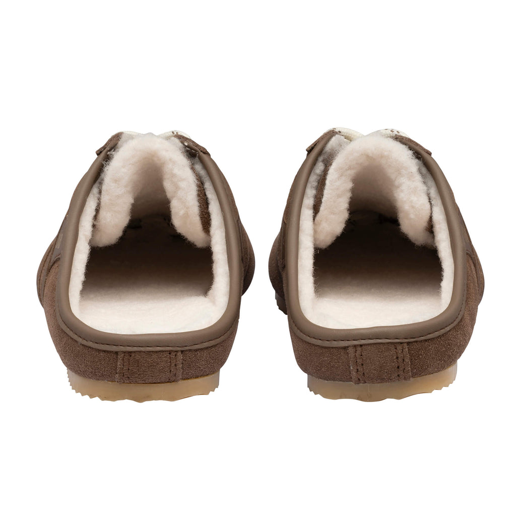 Pair of brown suede slippers with cream fleece lining, viewed from behind