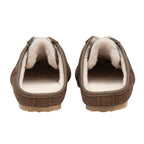 Pair of brown suede slippers with cream fleece lining, viewed from behind