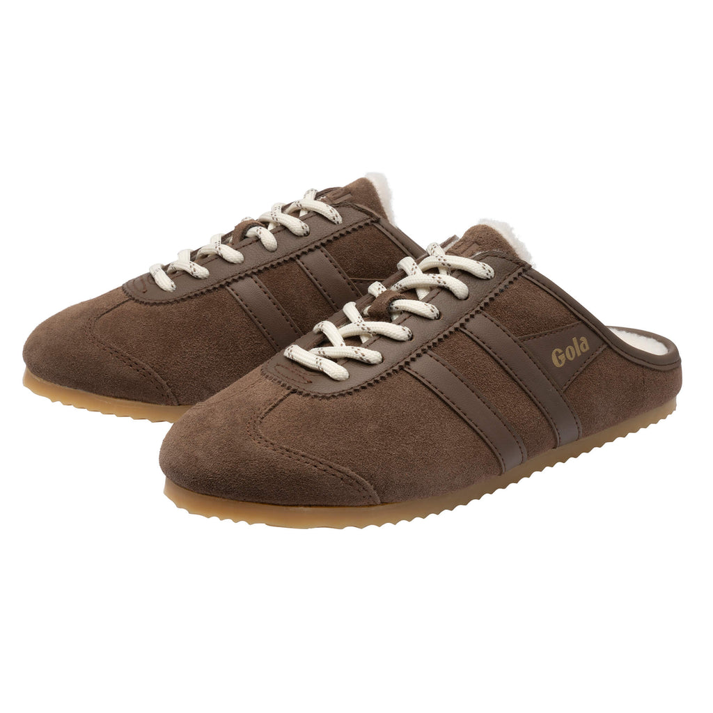 Pair of brown suede Gola trainers with white laces and a faux fur lining