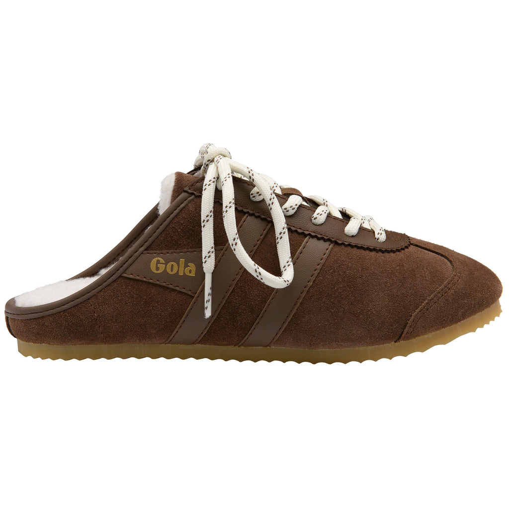 Brown suede Gola trainer mule with white laces and white faux fur lining