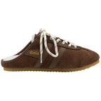 Brown suede Gola trainer mule with white laces and white faux fur lining