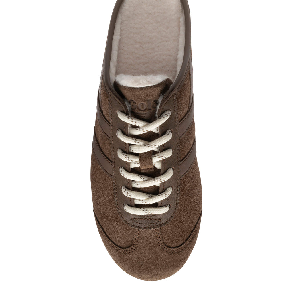Brown suede Gola trainer with cream laces and a cream fleece lining