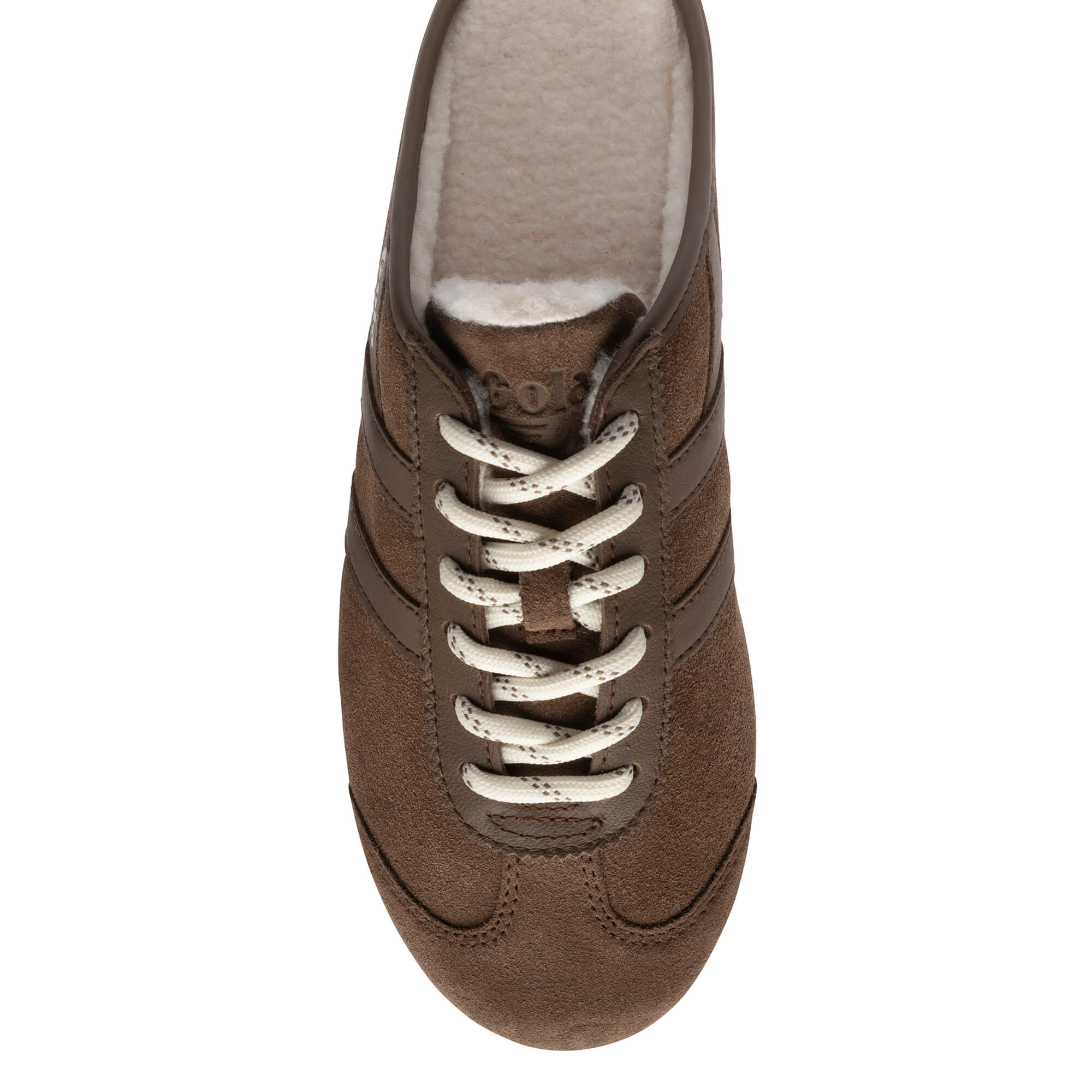 Brown suede Gola trainer with cream laces and a cream fleece lining
