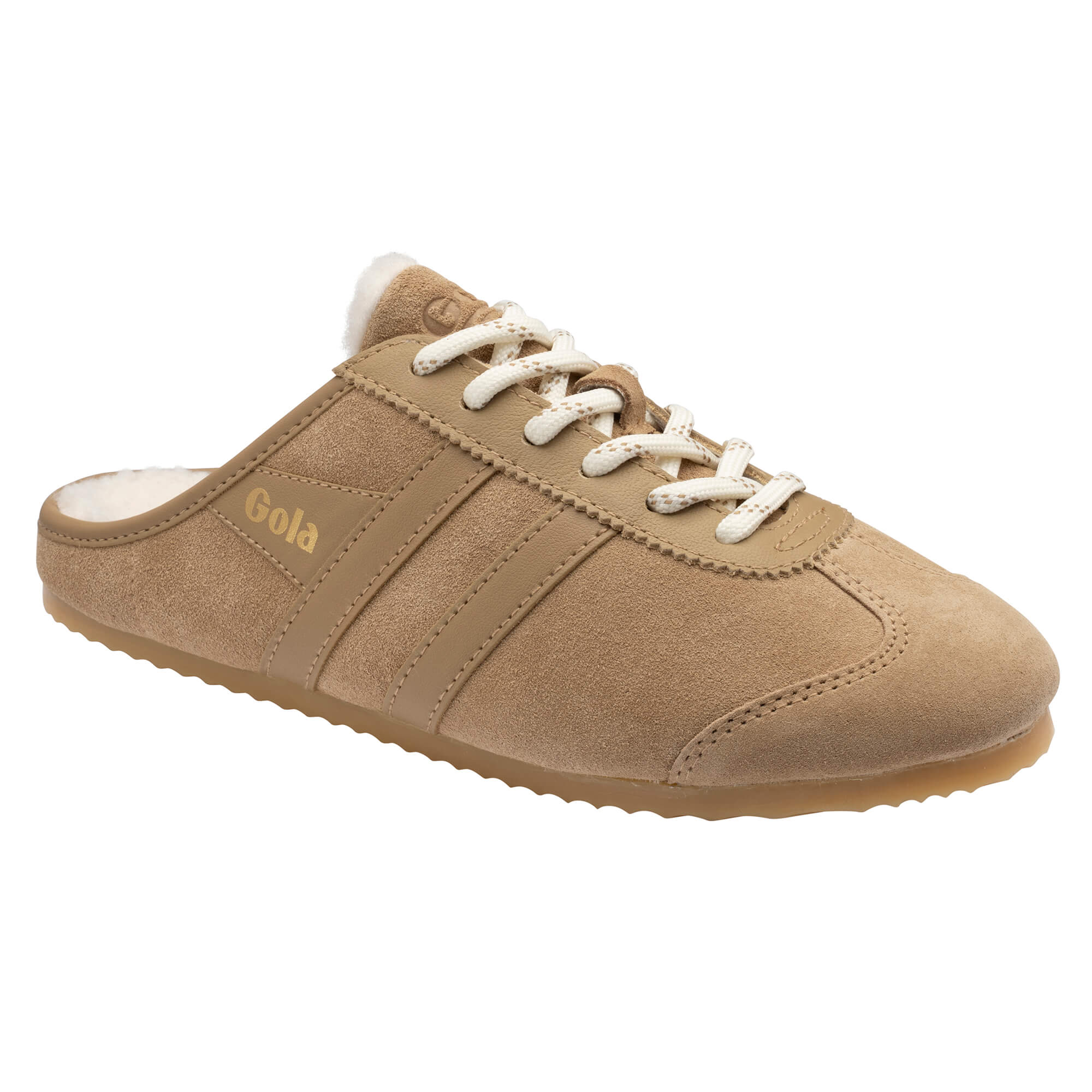 Gola women's tan suede trainer mule with white faux fur lining and white laces