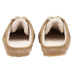 Pair of beige suede slippers with cream fleece lining and laces, rear view