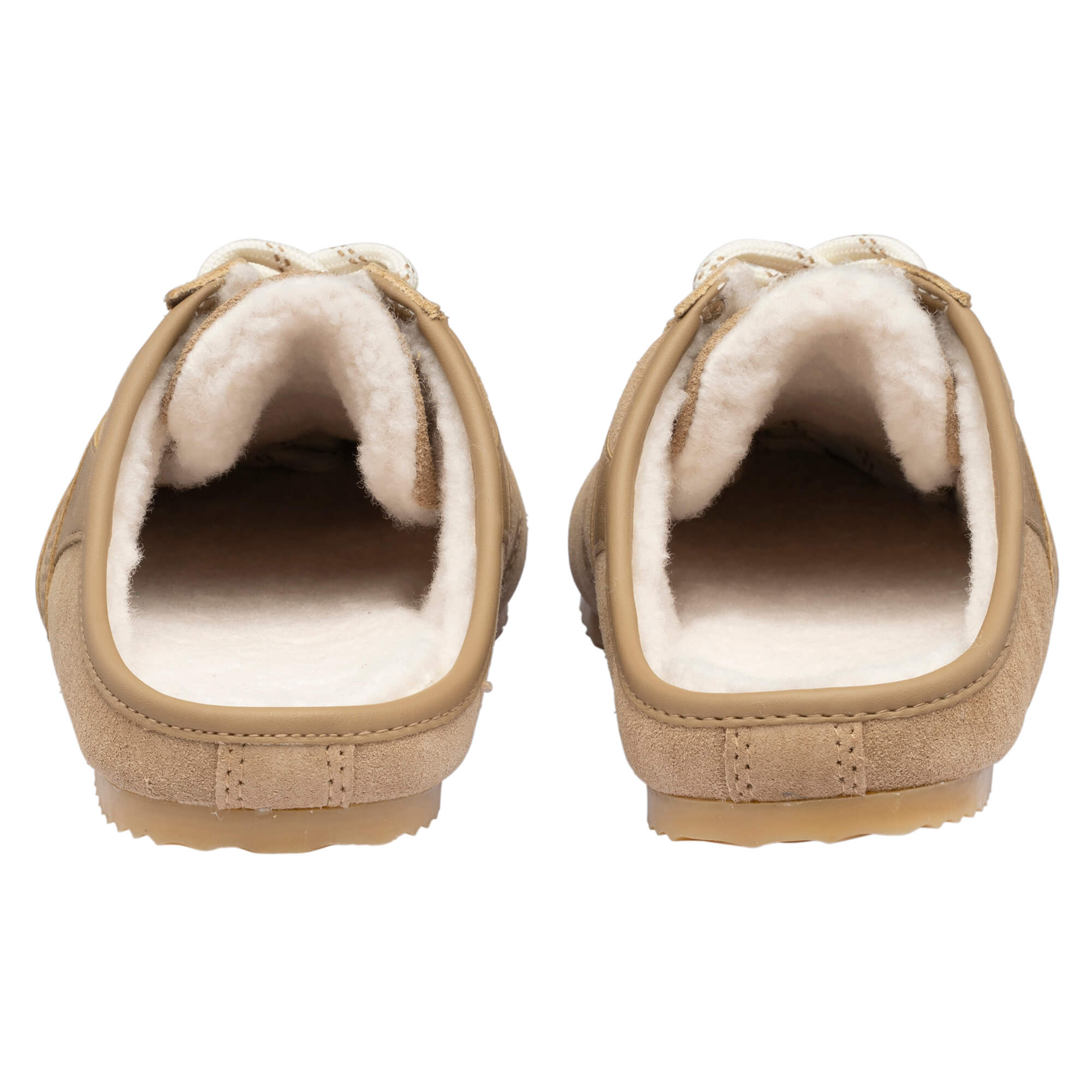 Pair of beige suede slippers with cream fleece lining and laces, rear view