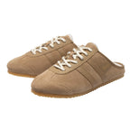 Pair of Gola Coaster Mule trainers in tan suede with white laces and a white faux fur lining