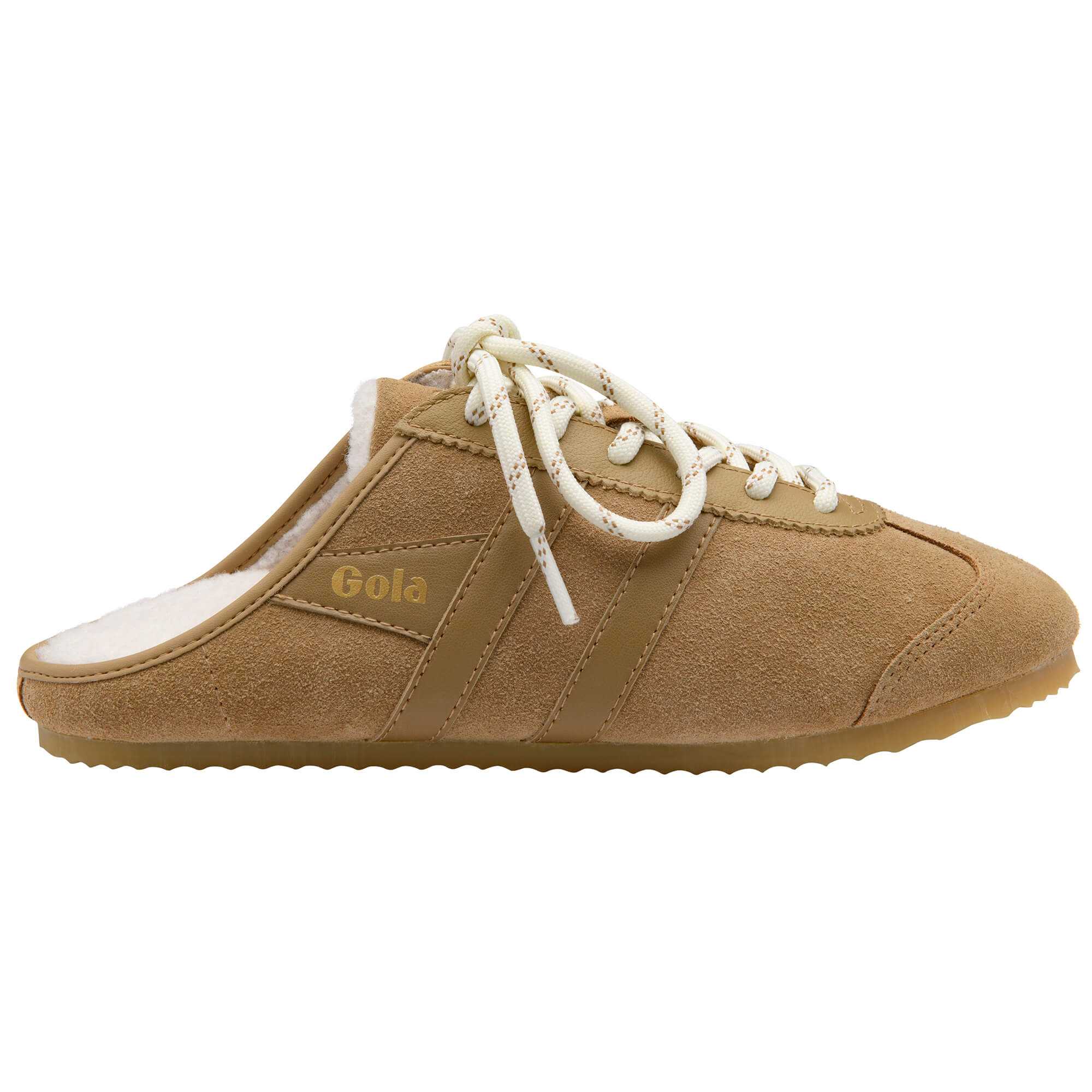 Gola women's tan suede mule with white fleece lining and white laces