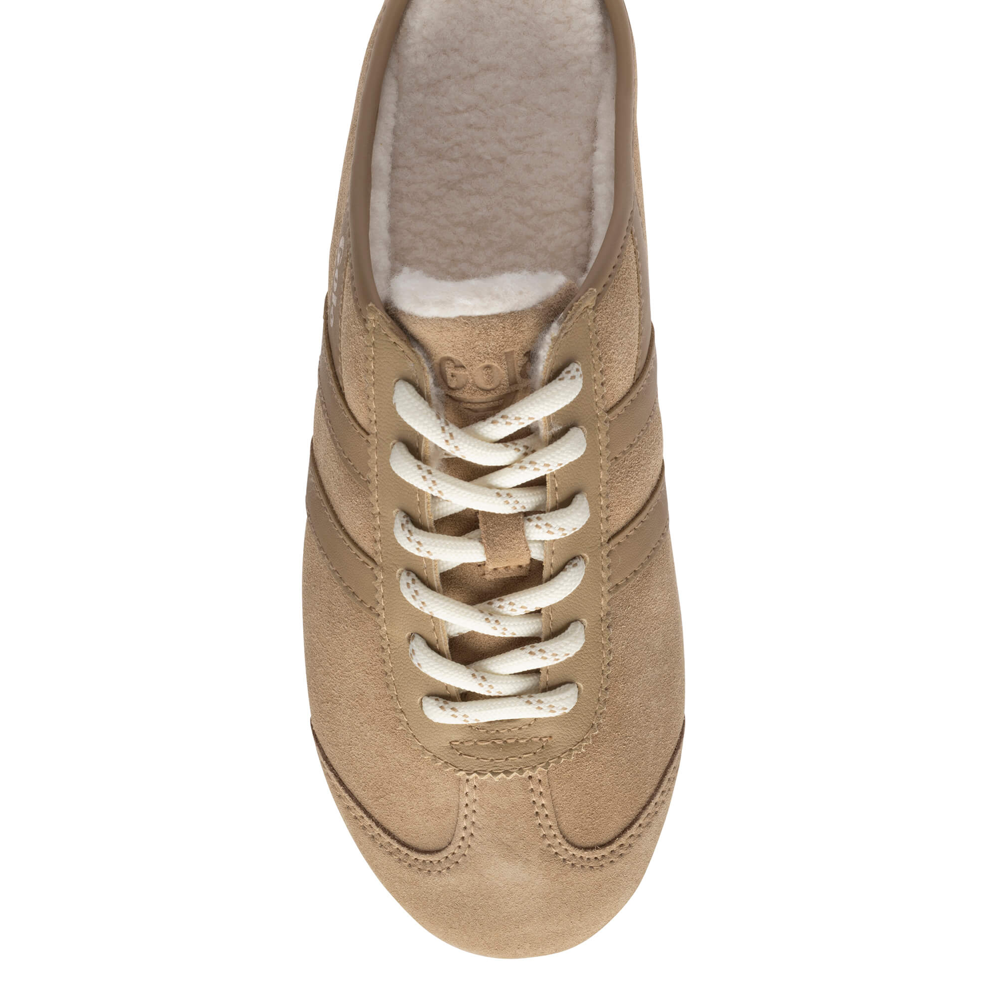 Top-down view of a beige suede trainer with white laces and a cream fleece lining