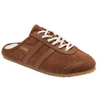 Brown suede Gola trainer mule with cream laces and a white faux fur lining