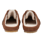 Pair of brown suede slippers with cream fleece lining, viewed from the back