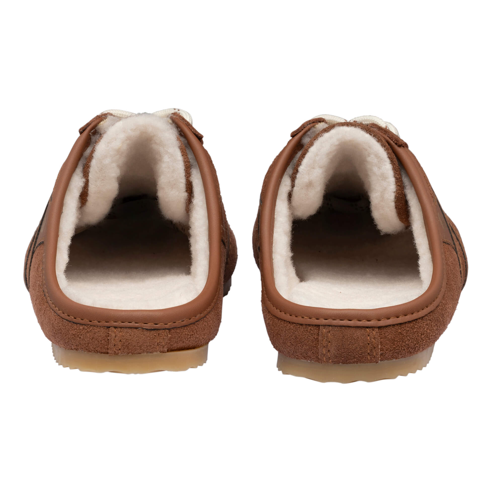 Pair of brown suede slippers with cream fleece lining, viewed from the back