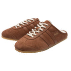 Pair of brown suede Gola trainers with white laces and a shearling lining