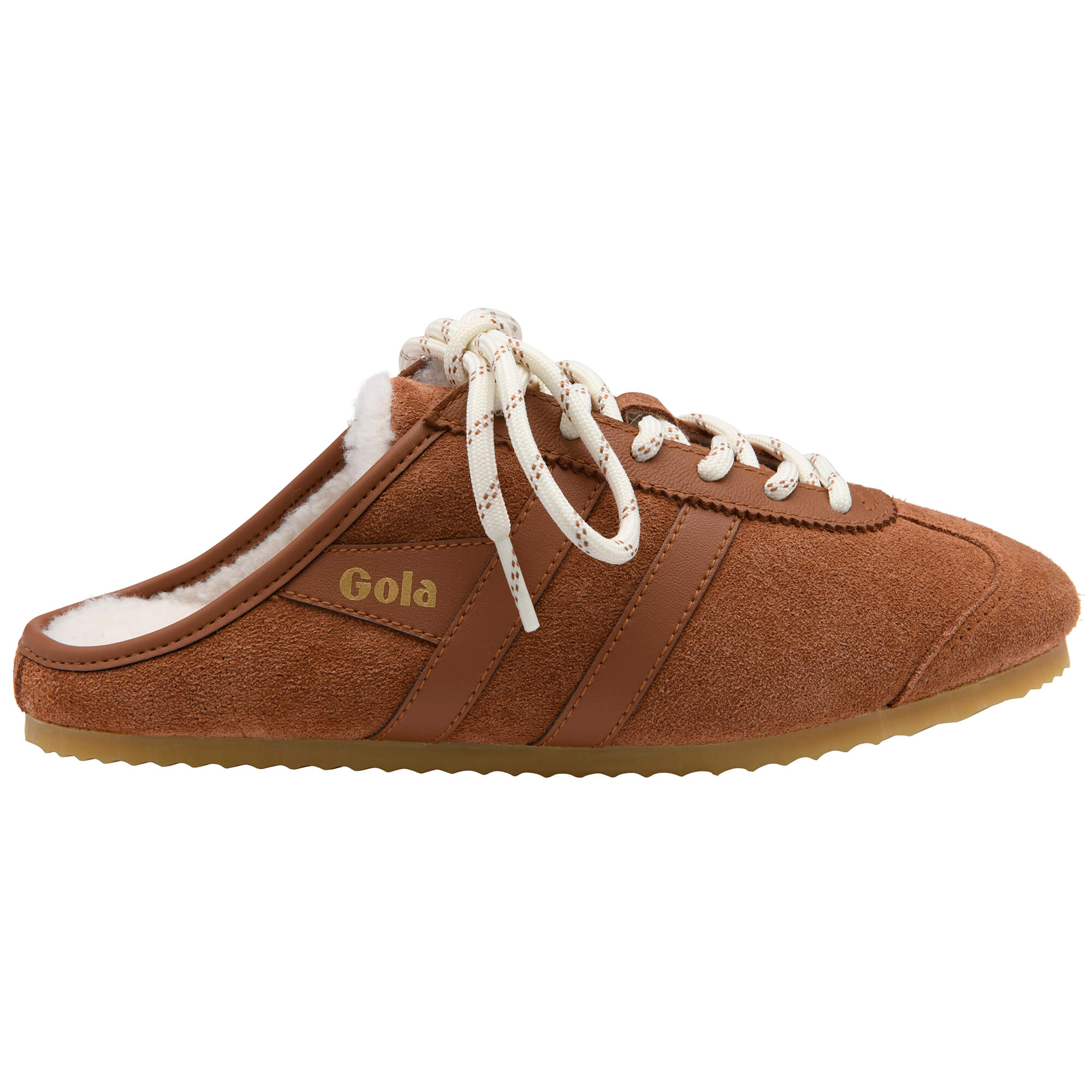 Brown suede Gola trainer mule with cream laces and cream faux fur lining