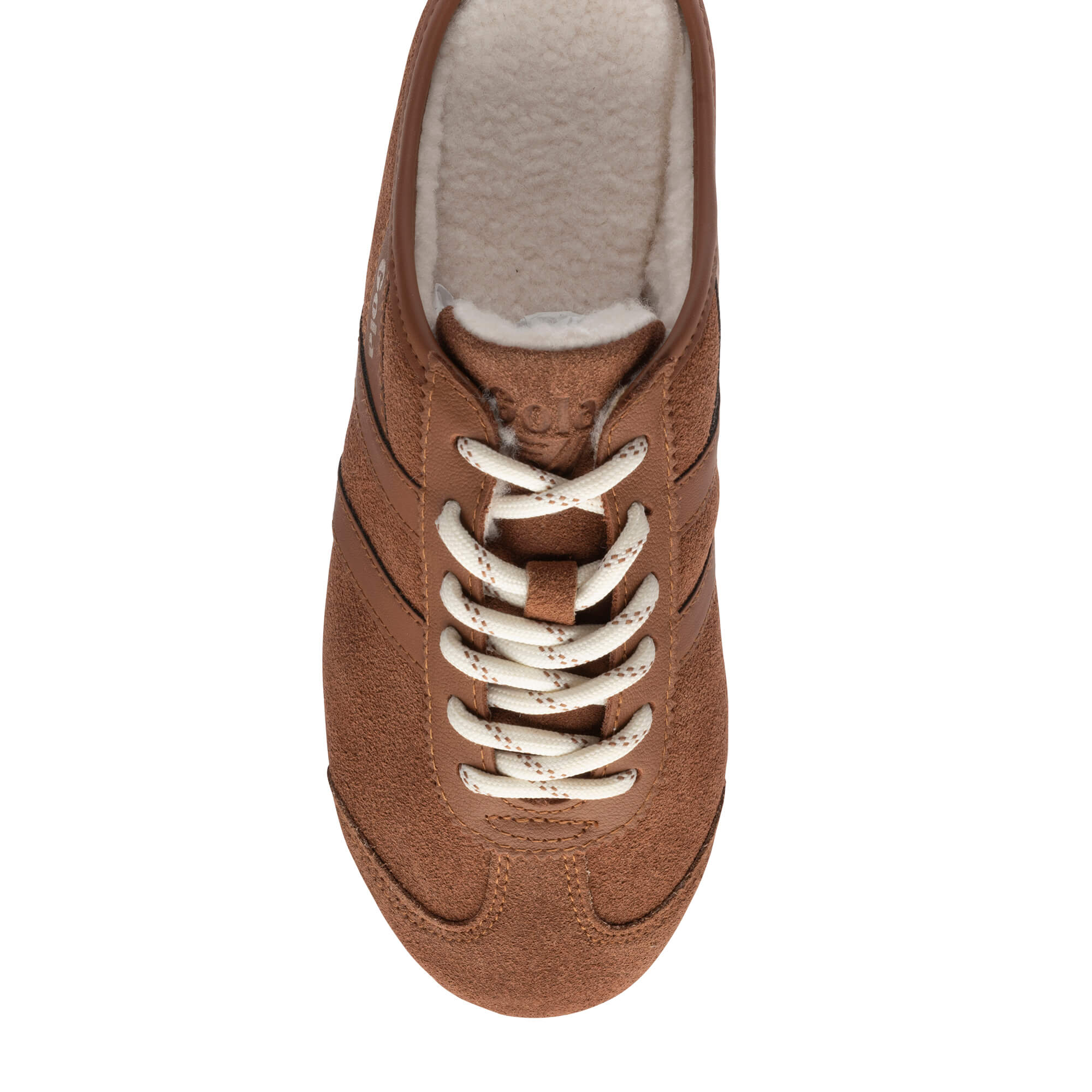 Overhead view of a brown suede trainer with cream laces and a cream fleece lining