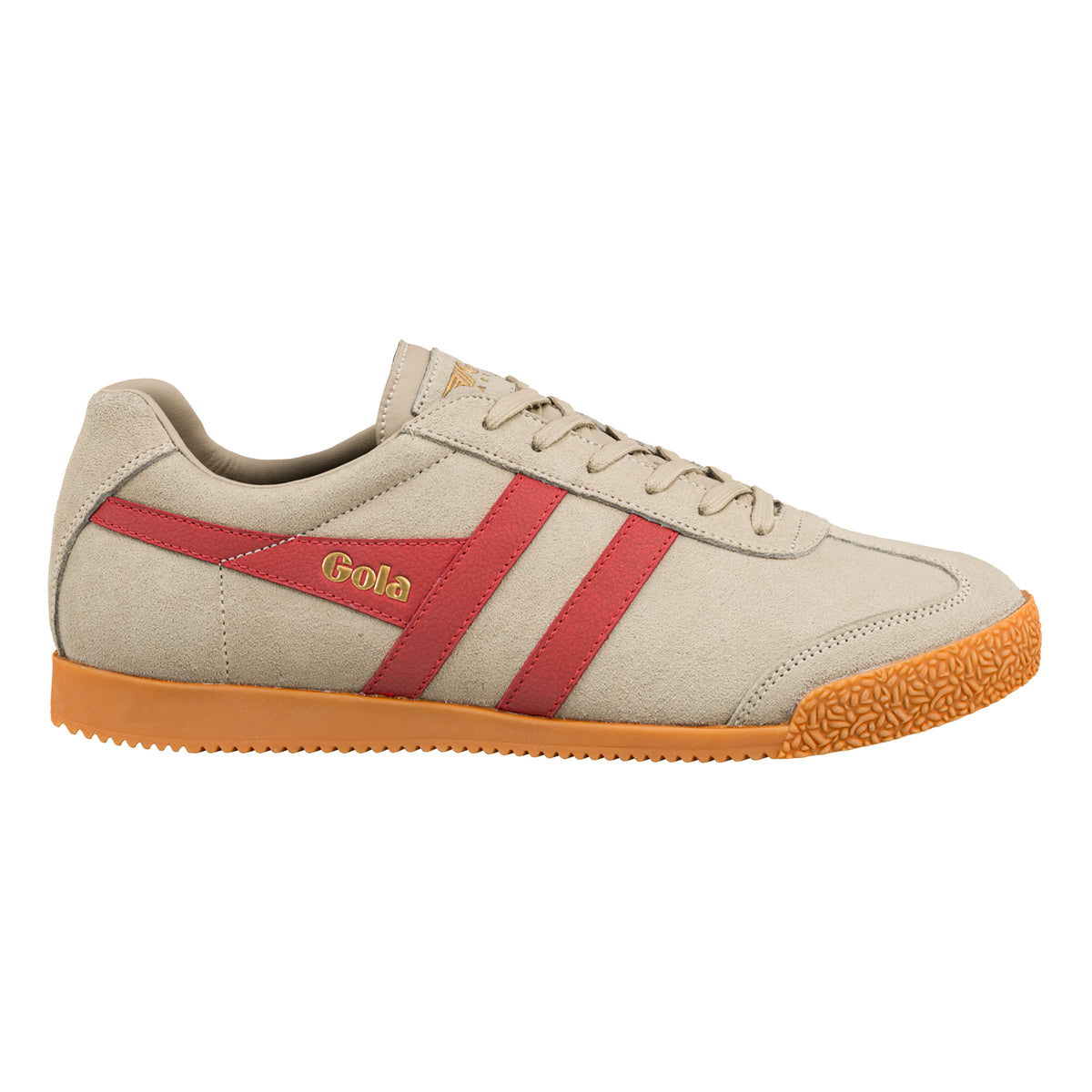 Gola Classics beige suede trainer with red side stripes and gum sole