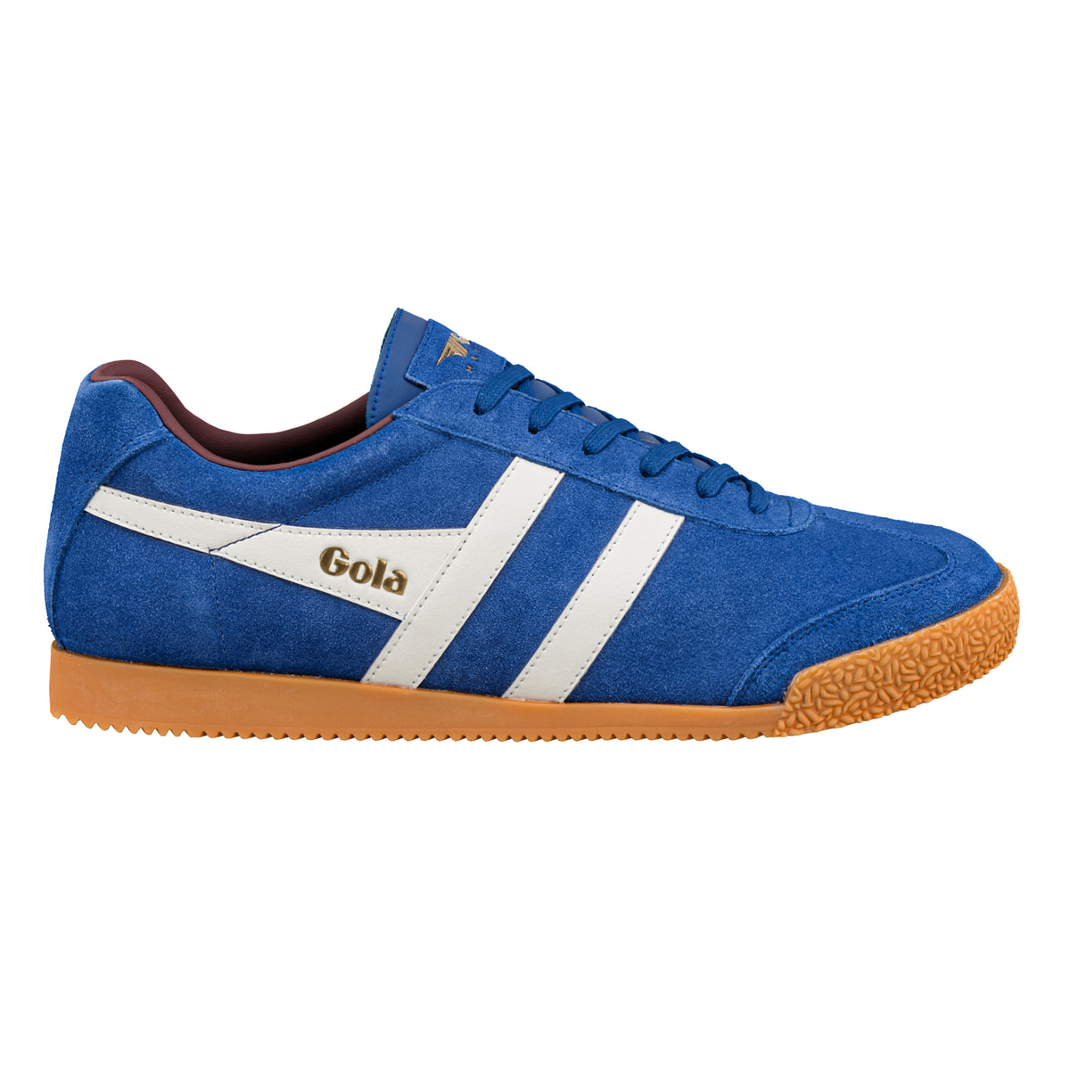 Gola Classics Harrier suede trainer in blue with white side stripes and gum sole