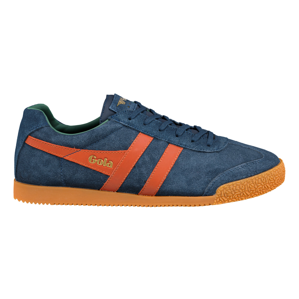 Gola Classics navy suede trainer with orange side stripes and gum sole