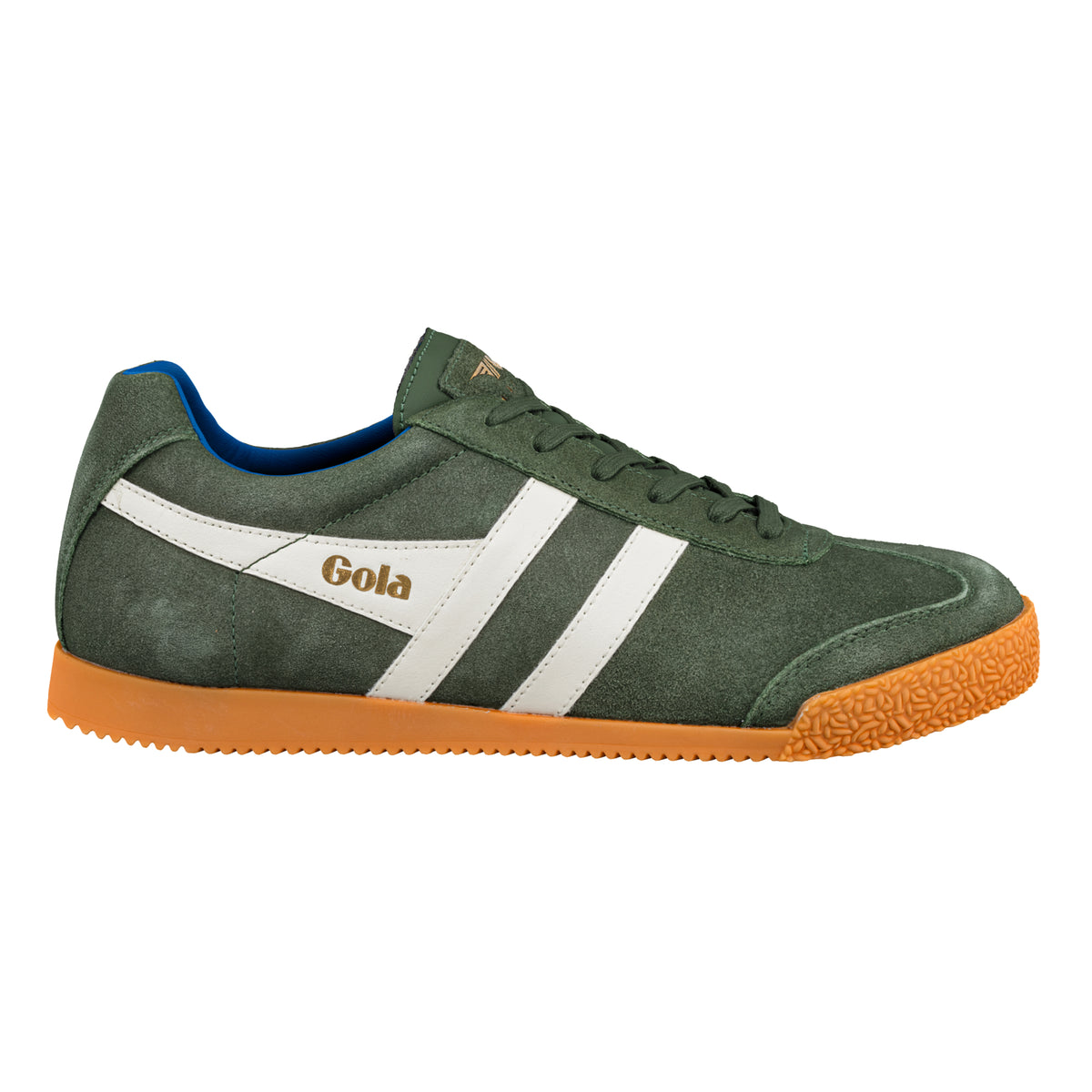 Gola Classics green suede trainer with white side stripes and gum sole