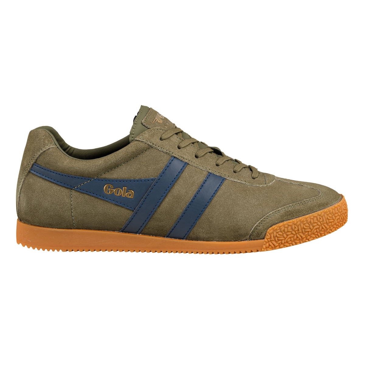 Gola Classics olive green suede trainer with blue side stripes and gum rubber sole