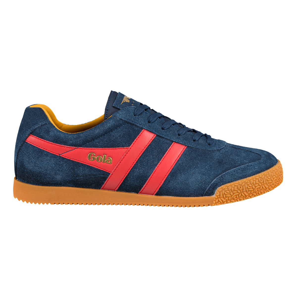 Gola Classics navy suede trainer with red side stripes and gum sole