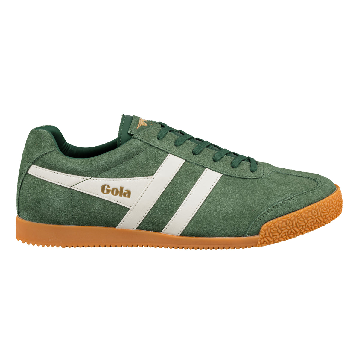Gola Classics green suede trainer with white side stripes and gum rubber sole