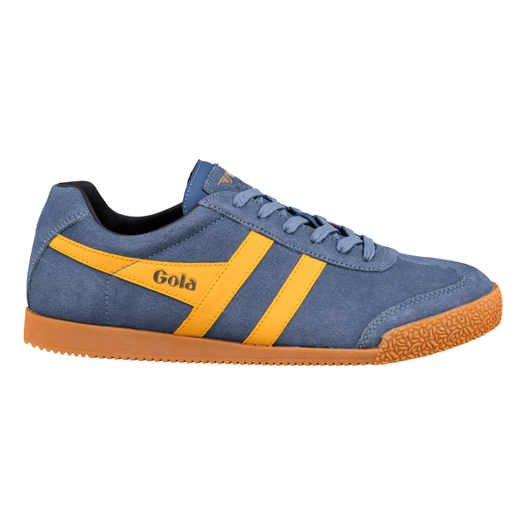Gola Classics blue suede trainer with yellow side stripes and gum sole