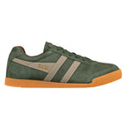 Dark green suede Gola trainer with beige side stripes and a gum rubber sole